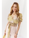 Bluza scurta plic floral cu curea, bej si galben 02041 - Magazin online - Boutique